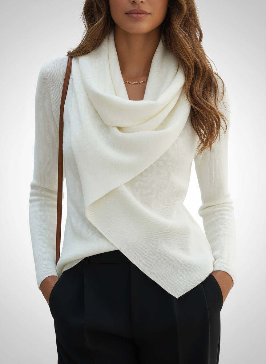 Long-Sleeve Top with Draped Cowl Neck