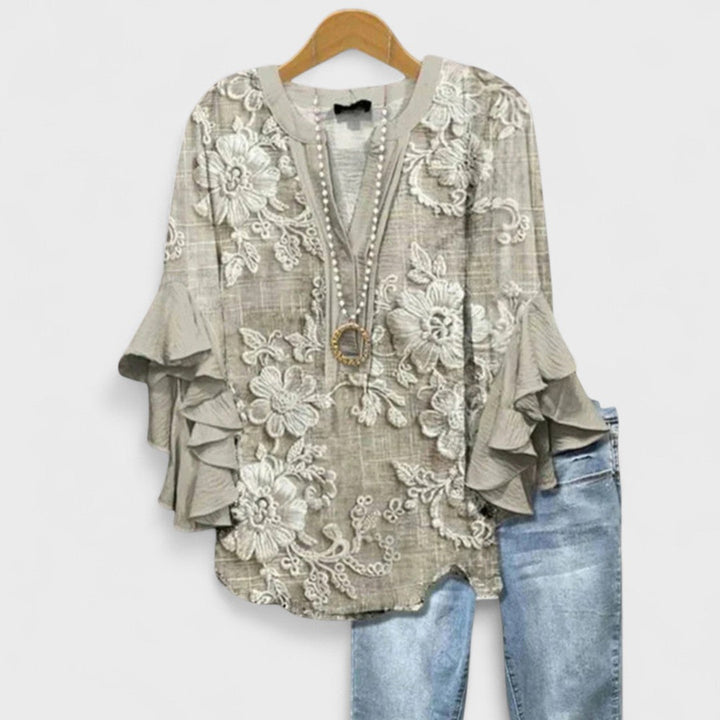 Women’s Floral Ruffle Sleeve V-Neck Blouse