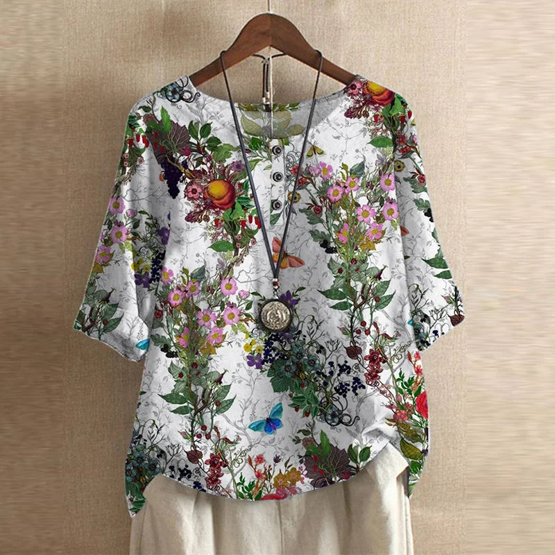 Women’s Vintage Floral Print Loose Fit Blouse