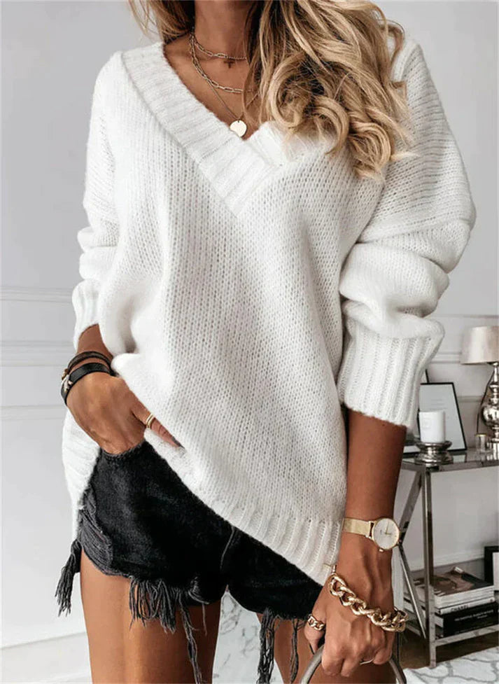 Cozy V-Neck Knit Sweater Relaxed Fit Everyday Pullover for Women