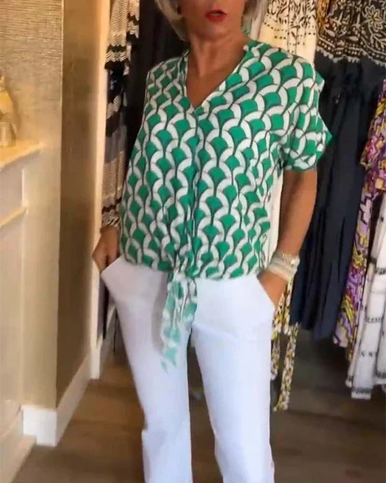 Rania | Geometric Print Tie-Front Blouse